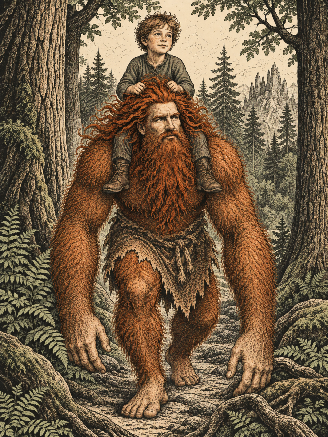 Iron John carrying the prince on his shoulders